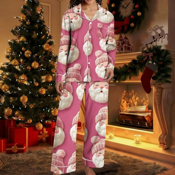 Ailaofu Satin Christmas Pajamas Set for Women Winter Cute Holiday Xmas Graphic Button Up Shirt Pants 2 Piece Pjs Jammies
