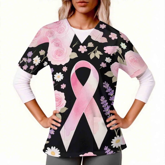 Ailaofu Scrubs for Women V-Neck Short Sleeve Printed Scrub Tops Plus Size Durable Soft Stretch Nursing Scrubs with Pockets