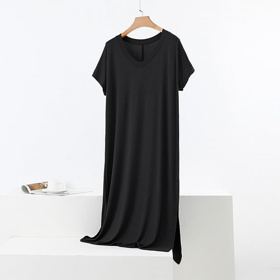 Ailaofu Short Sleeve Sleepshirt Women Modal Cotton Soft V Neck Nightdress Solid Lounge Sleepwear Comfy Sleep Dress