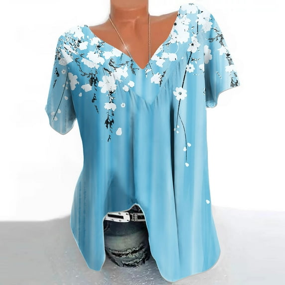 Ailaofu Summer Fashion Women's Short Sleeve T-Shirt Casual Printed V Neck Shirt Cute Loose Waist Belted Everyday Top