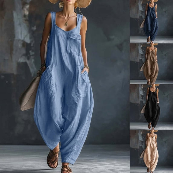 Ailaofu Summer Solid Color Overalls Jumpsuit for Women, Sleeveless Wide Leg Baggy Romper with Pockets, Loose Casual One Piece Outfit for Beach Vacation