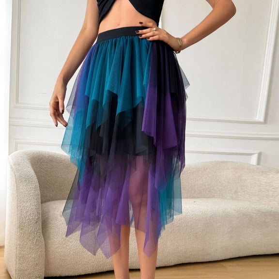 Ailaofu Tulle Skirts for Women, Puffy Skirt Asymmetrical Midi Length Ruffled Tutu Layered Mesh Fairy Skirt