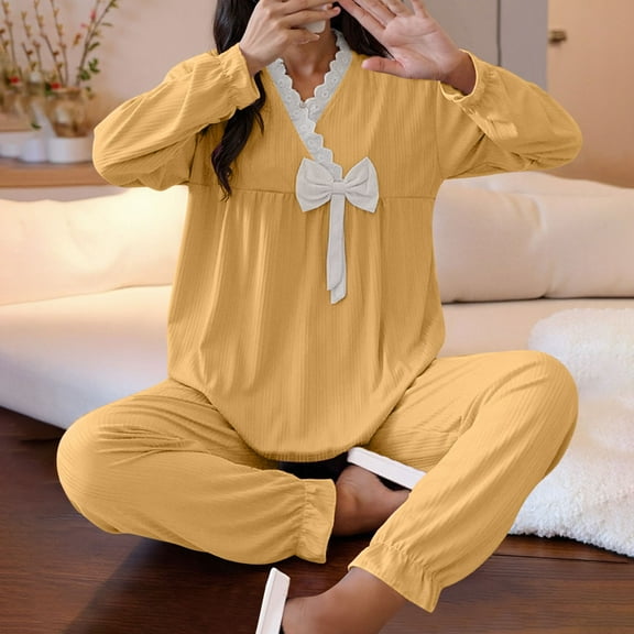 Ailaofu Two Piece Pajamas Sets for Women V Neck Cute Bowknot Sleepwear Comfy Loose Pajamas Pants Lounge Outfits