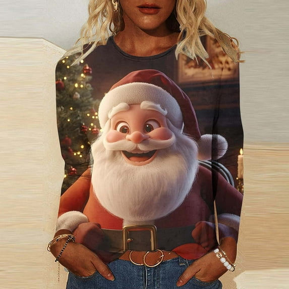Ailaofu Ugly Christmas Shirts for Women Graphic Funny 3/4 Sleeve T Shirt Round Neck Xmas Novelty Holiday Tops