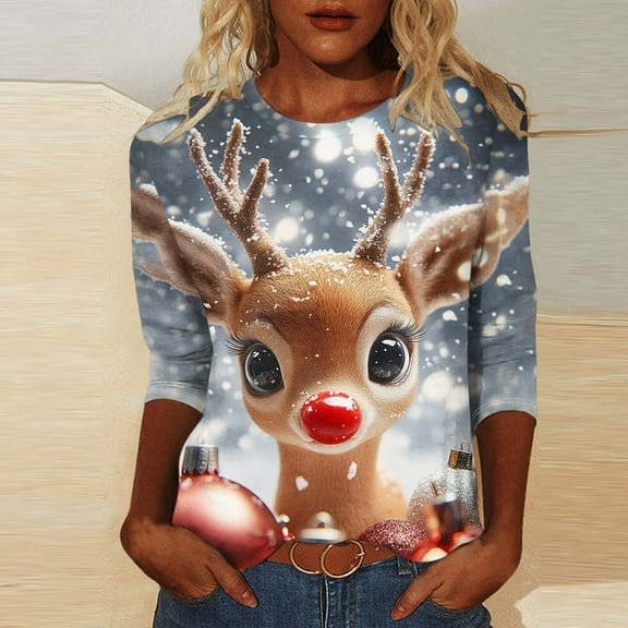 Ailaofu Ugly Christmas Shirts for Women Graphic Funny 3/4 Sleeve T Shirt Round Neck Xmas Novelty Holiday Tops