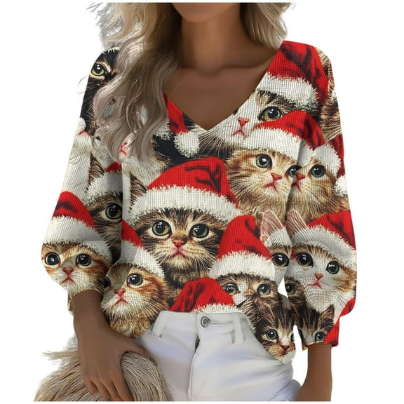 Ailaofu Ugly Christmas Sweater Women 2025 Cute Xmas Graphic Sweatshirt Waffle Knit Plus Size V Neck Long Sleeve Pullover Tops