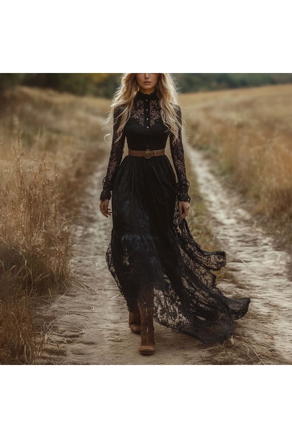 Western Cowgirl Dress for Women Deep Long Sleeve Large Skirt Vintage Boho Western Dresses