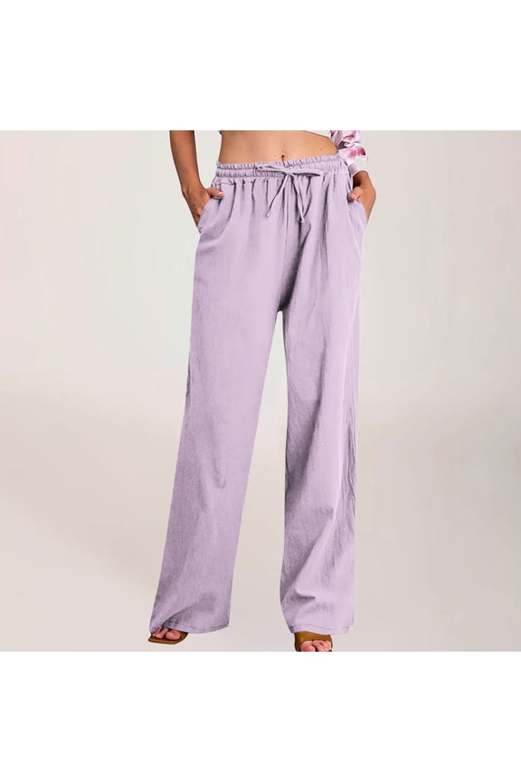 Wide Leg Linen Pants for Women Summer Boho High Waisted Palazzo Pants Lightweight Baggy Comfy Beach Pants with Pocket