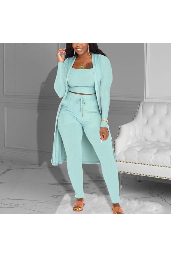 Women 3 Piece Outfits Ribbed Sleeveless Long Cardigan Crop Tank Tops Bodycon trousers Sets Sweatsuit Lounge Set