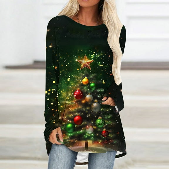 Ailaofu Women Christmas Tree Tunics Printing Oversized Casual Long Sleeve Shirt Fashion Xmas Graphic Tunic Top