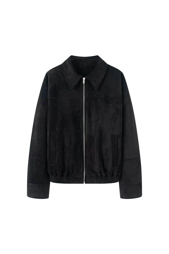 Women Flip Pocket Shoulder Badge Collar Suede Texture Loose Pilot Jacket Autumn New Coat Outerwear