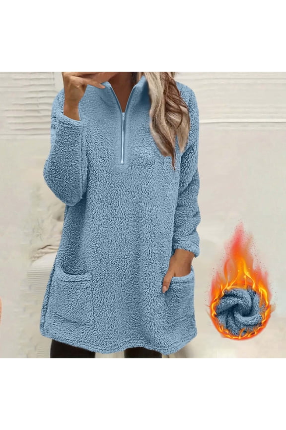Women Half Zip Pullover Long Sleeve Casual Fuzzy Sherpa Fleece Jacket Sweatshirts Winter Outerwear Top with Pockets