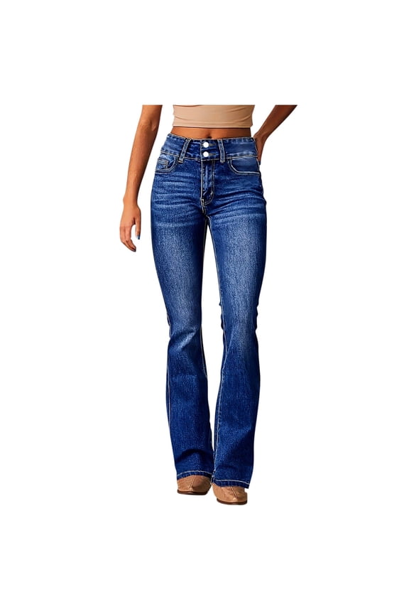Women Mid Waisted Bootcut Jeans Zip Stretchy Slim Casual Double Button Flare Denim Pants with Distressed Pocket