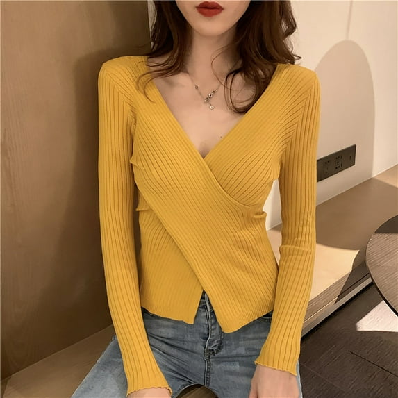 Ailaofu Women Sexy Wrap Sweater Slim Fit Criss Cross V Neck Knit Pullover Tops