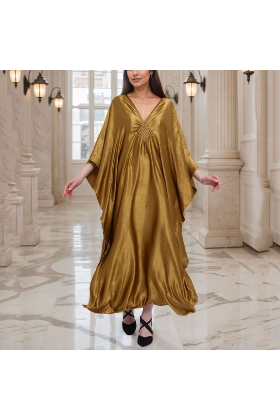Women Solid Color Cover Up V Neck Batwing Sleeve Plus Size Beach Kaftan Dresses