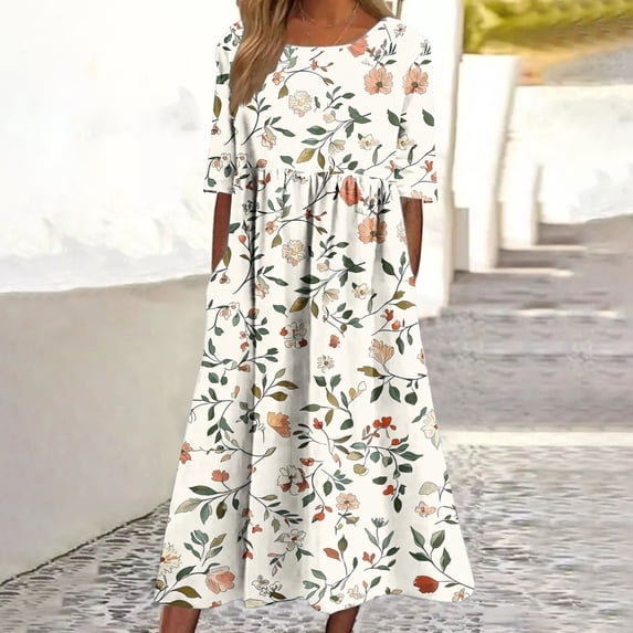 Ailaofu Women Summer Short Sleeve Midi Dress with Pockets Casual Aline Flowy Tshirt Dress Floral Vocation Beach Sundress