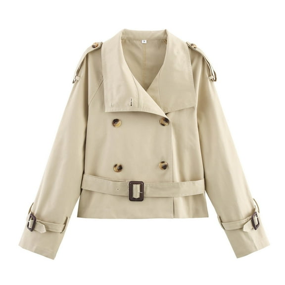 Ailaofu Women Trench Coat Double Breasted Stand Collar Belted Outerwear Fall Casual Fashion Cropped Jacket