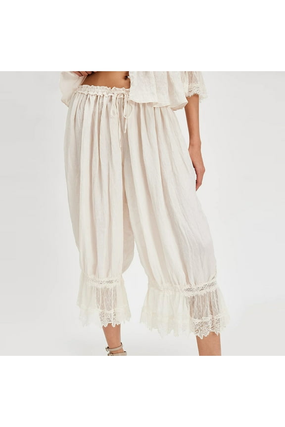 Women Trim Long Bloomers Elastic Mid Rise Ruffle Pantaloons Cropped Flared Slips Pants Pajama Bottoms