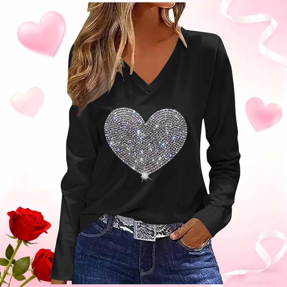 Ailaofu Women Valentines Day Shirts Love Heart Printed Cute Tops Fashion Casual V-neck Long Sleeve T Shirts Graphic Tees