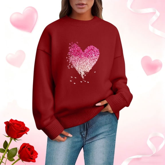 Ailaofu Women Y2k Valentines Oversized Knit Sweater Heart Print Long Sleeve Crew Neck Loose Pullover Tops Streetwear