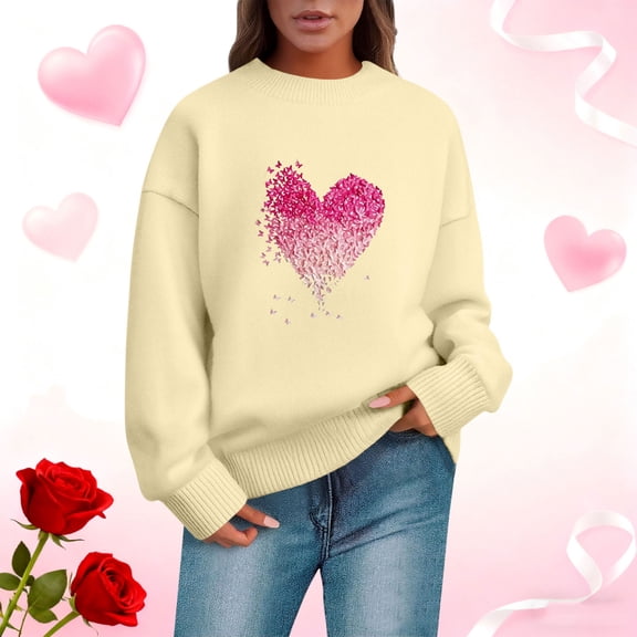 Ailaofu Women Y2k Valentines Oversized Knit Sweater Heart Print Long Sleeve Crew Neck Loose Pullover Tops Streetwear