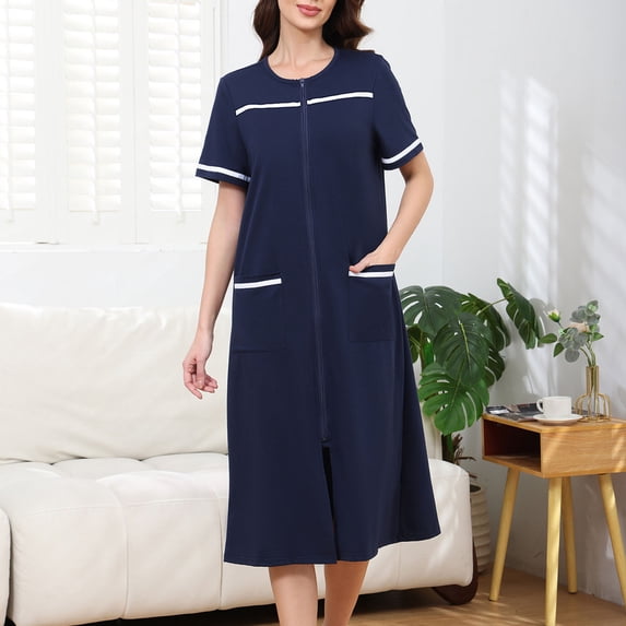 Ailaofu Women Zipper Robe Short Sleeve Duster Housecoat Short Bathrobes Zip Front Nightgown with Pockets