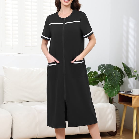 Ailaofu Women Zipper Robe Short Sleeve Duster Housecoat Short Bathrobes Zip Front Nightgown with Pockets