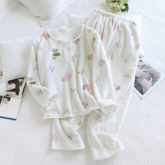 Ailaofu Women's 2 Piece Fleece Pajamas Set Warm Pjs Fuzzy Lounge set Cute Print Sleepwear