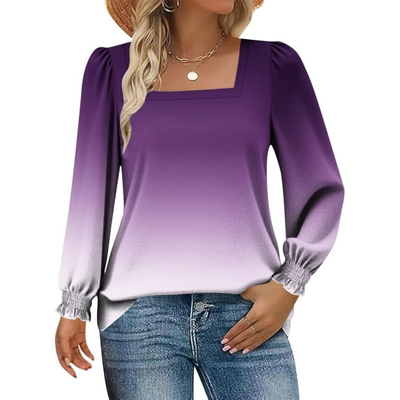 Ailaofu Women's 2025 Casual Shirt Square Neck Loose Fit Top Bubble Sleeve Blouse Gradient Stretch Tops