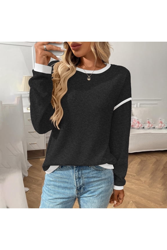 Women's 2025 Fall Fashion Crew Neck Long Sleeve Oversized Color Block Sweaters Ribbed Pullover Tops