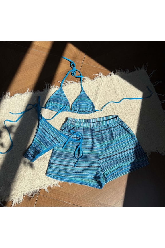 Women's 3 Piece Swimsuit Set Boho Bikini Set Textured Hollow Out Halter Triangle Bathing Suit with Cover Up Shorts