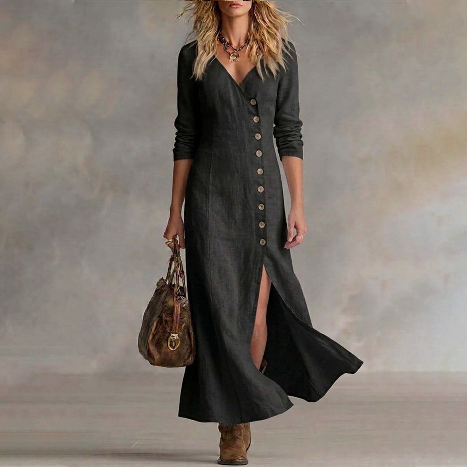 Ailaofu Women's Button Down Slit Dress Long Sleeve V Neck Casual Maxi Dress Fashion Solid Color Summer Dress - Walmart.com Ailaofu Women's Button Down Slit Dress Long Sleeve V Neck Casual Maxi Dress Fashion Solid Color Summer Dress - Walmart.com