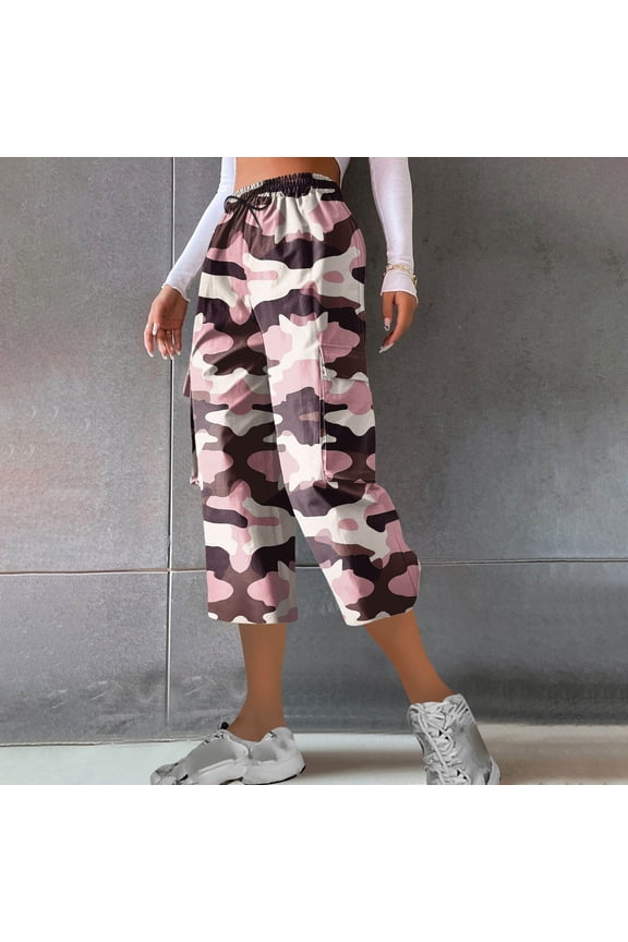 Women's Camo Cargo Capri Pants Elastic High Waist Drawstring Casual Hiking Cropped Pants with Pockets