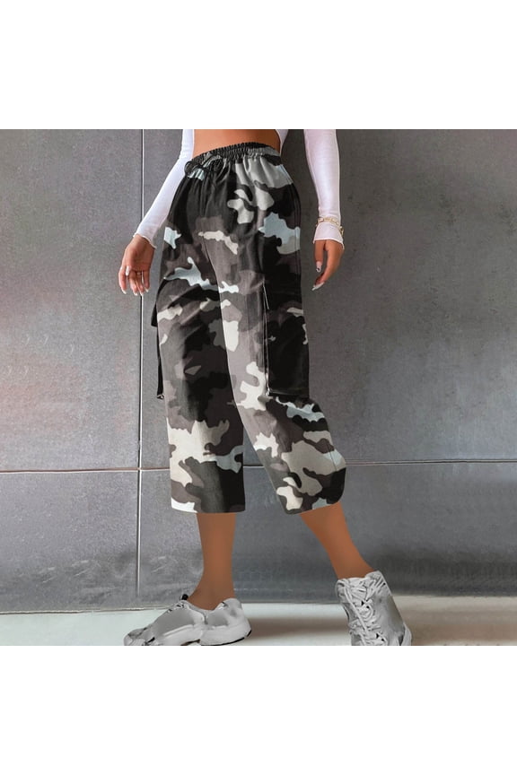 Women's Camo Cargo Capri Pants Elastic High Waist Drawstring Casual Hiking Cropped Pants with Pockets