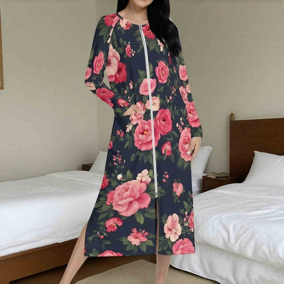 Ailaofu Women's Casual Loose Fit Nightgown Robe - Raglan Long Sleeves, Printed Loungewear With pocket