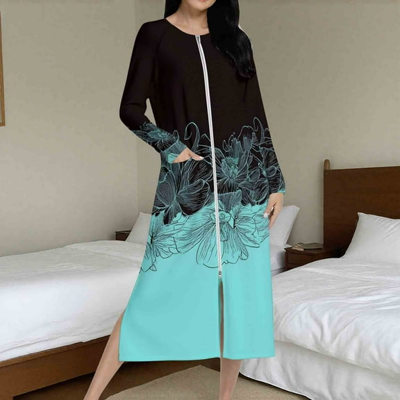 Ailaofu Women's Casual Loose Fit Nightgown Robe - Raglan Long Sleeves, Printed Loungewear With pocket