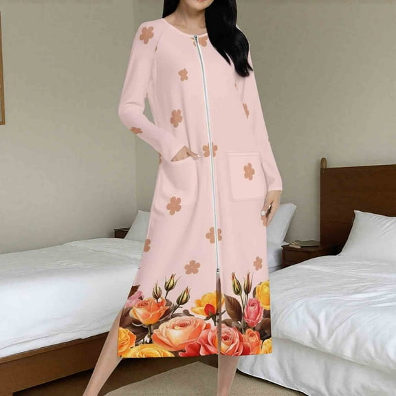 Ailaofu Women's Casual Loose Fit Nightgown Robe - Raglan Long Sleeves, Printed Loungewear With pocket