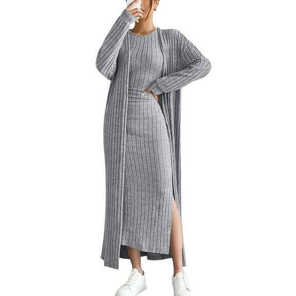 Ailaofu Women's Casual Ribbed Knit Outfit 2 Piece Bodycon Tank Dress and Long Sleeve Long Cardigan Winter Fall Clothes