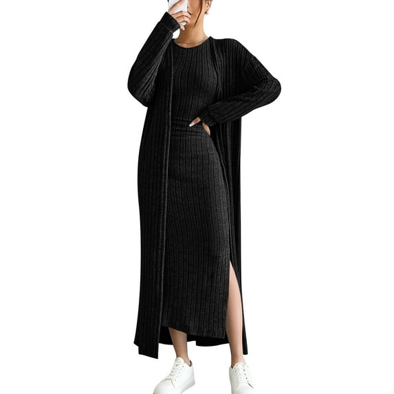 Ailaofu Women's Casual Ribbed Knit Outfit 2 Piece Bodycon Tank Dress and Long Sleeve Long Cardigan Winter Fall Clothes