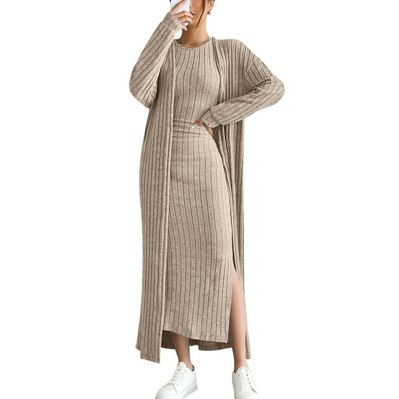 Ailaofu Women's Casual Ribbed Knit Outfit 2 Piece Bodycon Tank Dress and Long Sleeve Long Cardigan Winter Fall Clothes