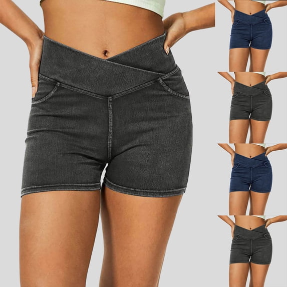 Ailaofu Women’s Casual Stretchy Jean Shorts Fashion Crossover High Waisted Pull On Denim Shorts with Pockets