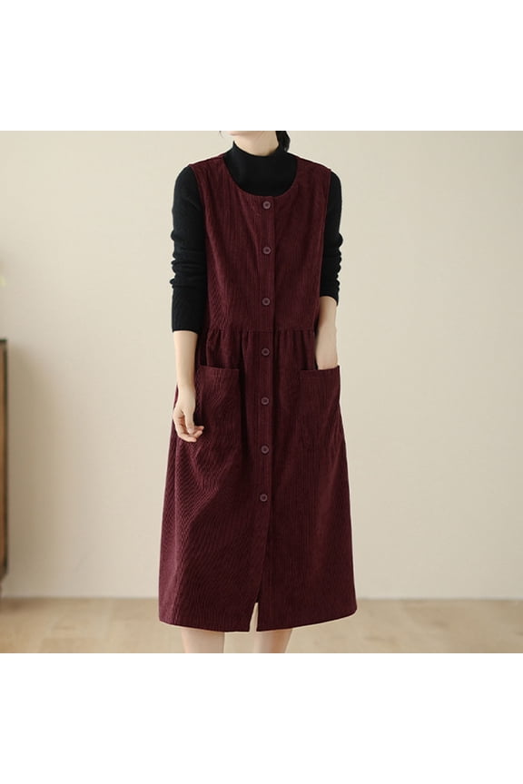 Women's Corduroy Overall Midi Dress Sleeveless Button Front Spring Casual Jumper Tank Dress