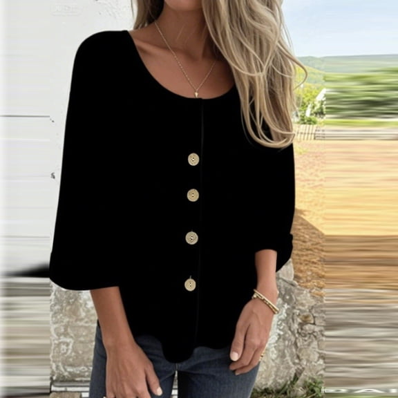 Ailaofu Women's Crew Neck 3/4 Rolled Sleeve Stylish Loose Solid Blouse - Versatile for Work & Casual Days
