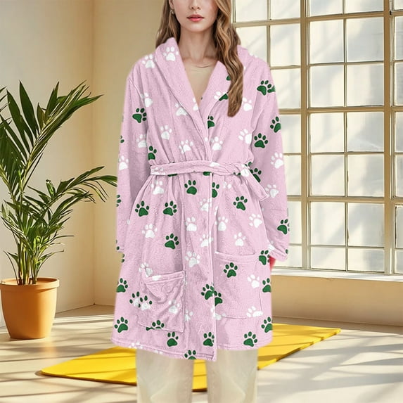 Ailaofu Women's Cute Pattern Flannel Robe Soft Warm Winter Plush Fleece Bathrobe Housecoats Nightgown with Pockets