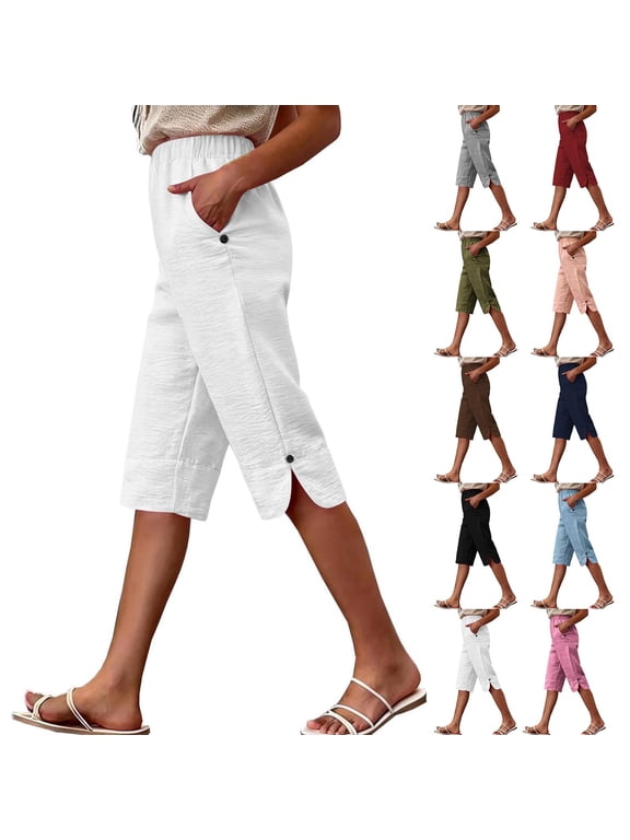 Women's Elastic High Waist Linen Capri Pants Side Button Split Hem Knee Length Trousers Slant Pocket Lightweight Breathable Casual Pants for Summer Beach Daily Loungewear