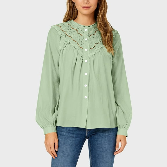 Ailaofu Women’s Elegant Lace Trim Shirts Casual Victorian Blouse Long Sleeve Button Down Tops