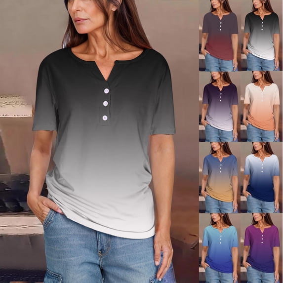 Ailaofu Women's Fashionable Printed V Neck Button Down T-Shirt Short Sleeve Casual Summer Comfortable Everyday Top