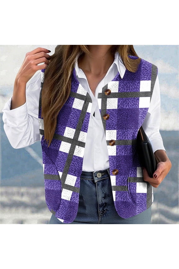 Women's Flannel Plaid Vest Plus Size Button Down Shacket Jackets Sleeveless Waistcoat Outerwear Fall Coat Tops