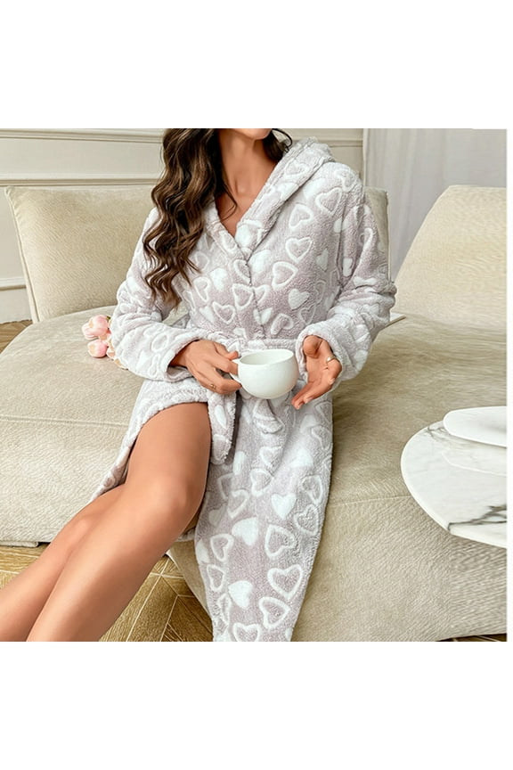 Women's Fleece Fuzzy Robe Calf Length Bath Robe Fluffy Bathrobes Plush Cute Printed Cold Weather