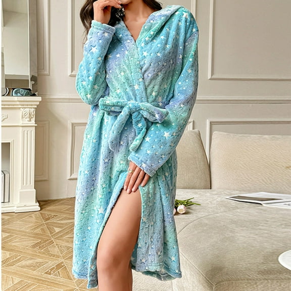 Ailaofu Women's Fleece Fuzzy Robe Calf Length Bath Robe Fluffy Bathrobes Plush Cute Printed Cold Weather